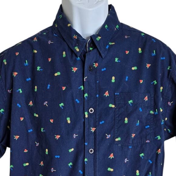 Eighth Avenue Mens Tropical Print Shirt XL Blue 100% Cotton Pineapple Palm Trees - Picture 3 of 8